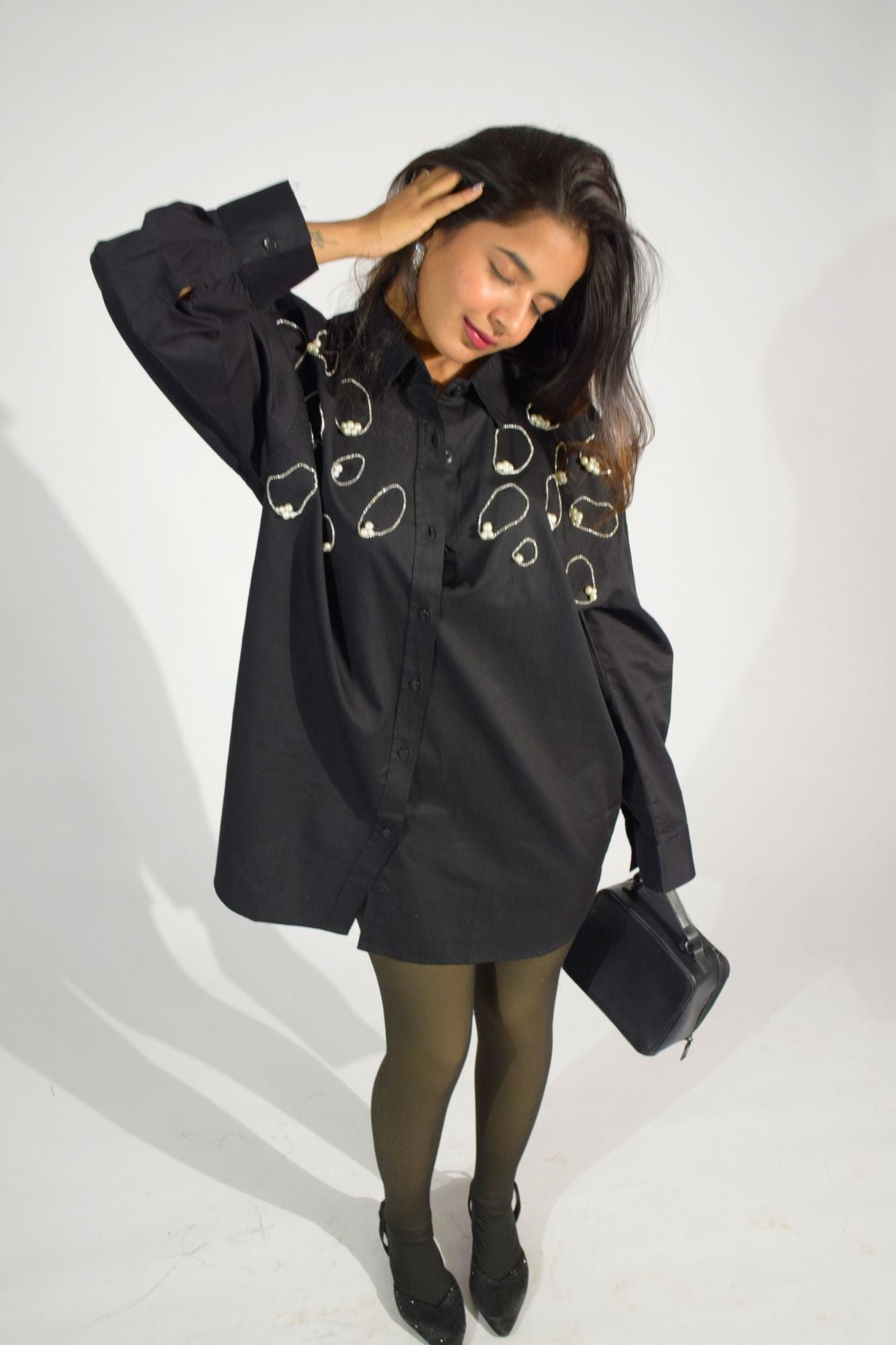 Island Embellished Handcrafted Oversized Shirt Black