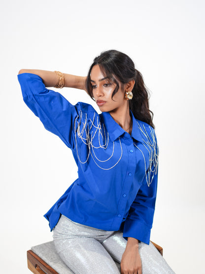 Edgy Embellished Handcrafted Oversized Shirt Blue