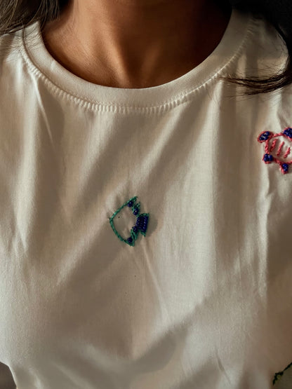 Ananya Beach Hand Embroidered Cropped T-Shirt White