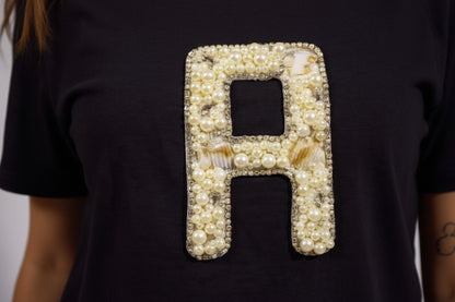 Personalized alphabet hand embroidered embellished oversized T-shirt Black