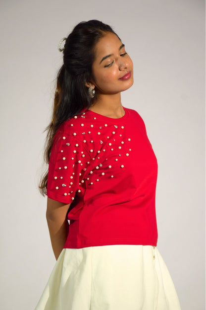 Boujee Pearl Embellished Handcrafted Crop T-Shirt Red
