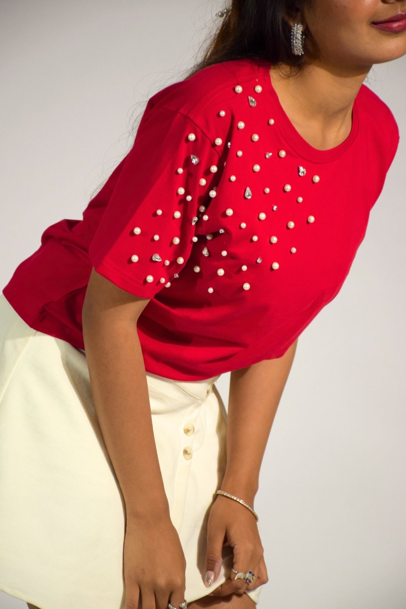 Boujee Pearl Embellished Handcrafted Crop T-Shirt Red