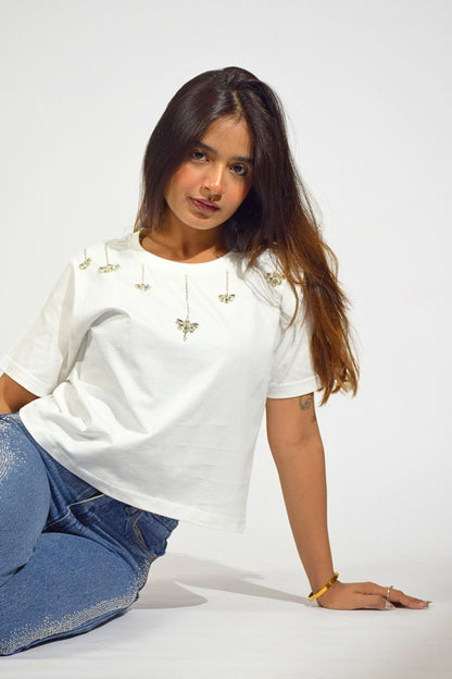 Chandelier Embellished Handcrafted Crop T-Shirt White