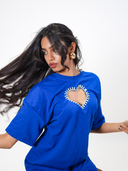 Queen of Heart Embellished Handcrafted Oversized Tshirt Dress Blue
