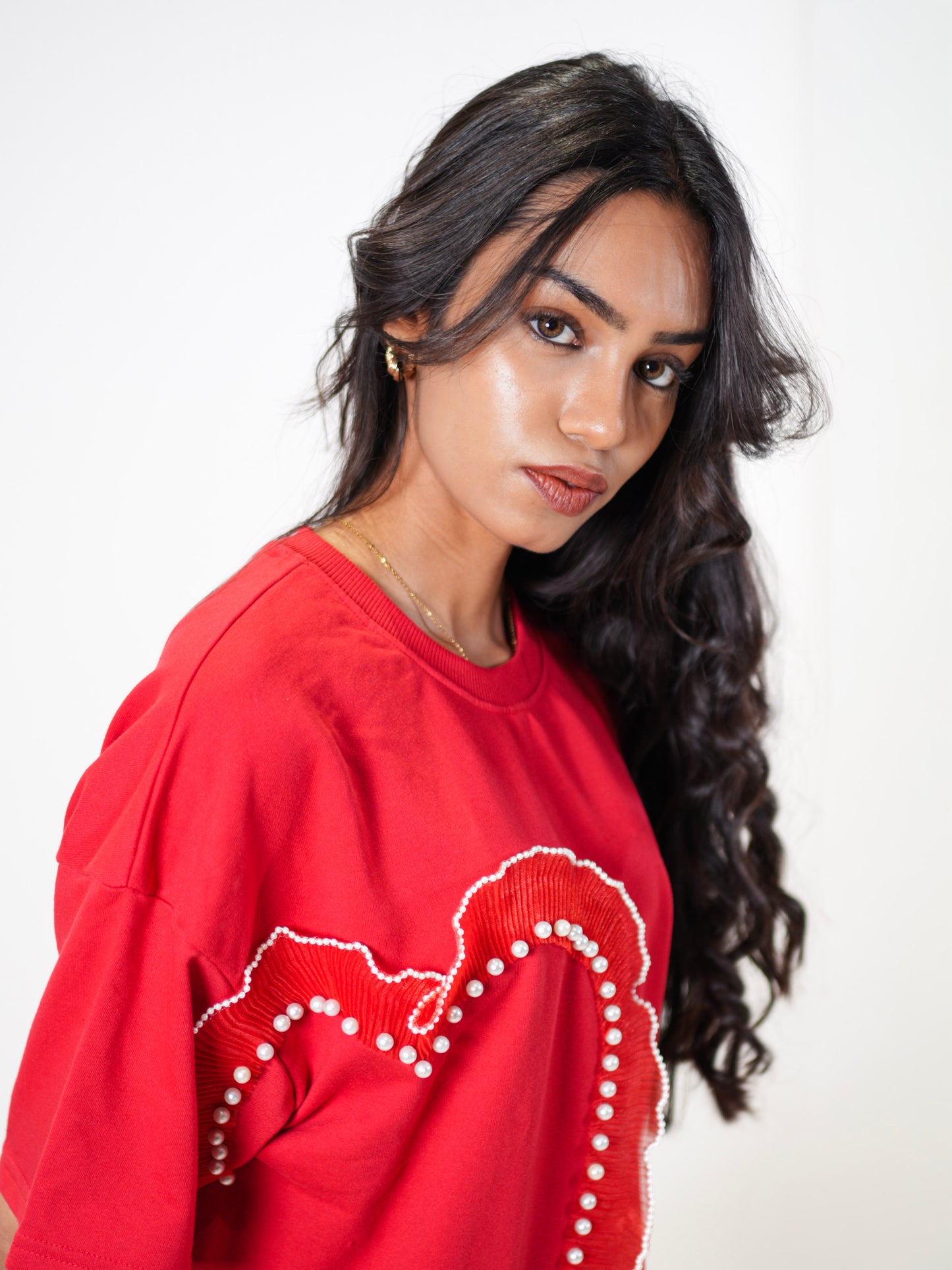 Cupid Embellished Handcrafted Oversized Tshirt Dress Red