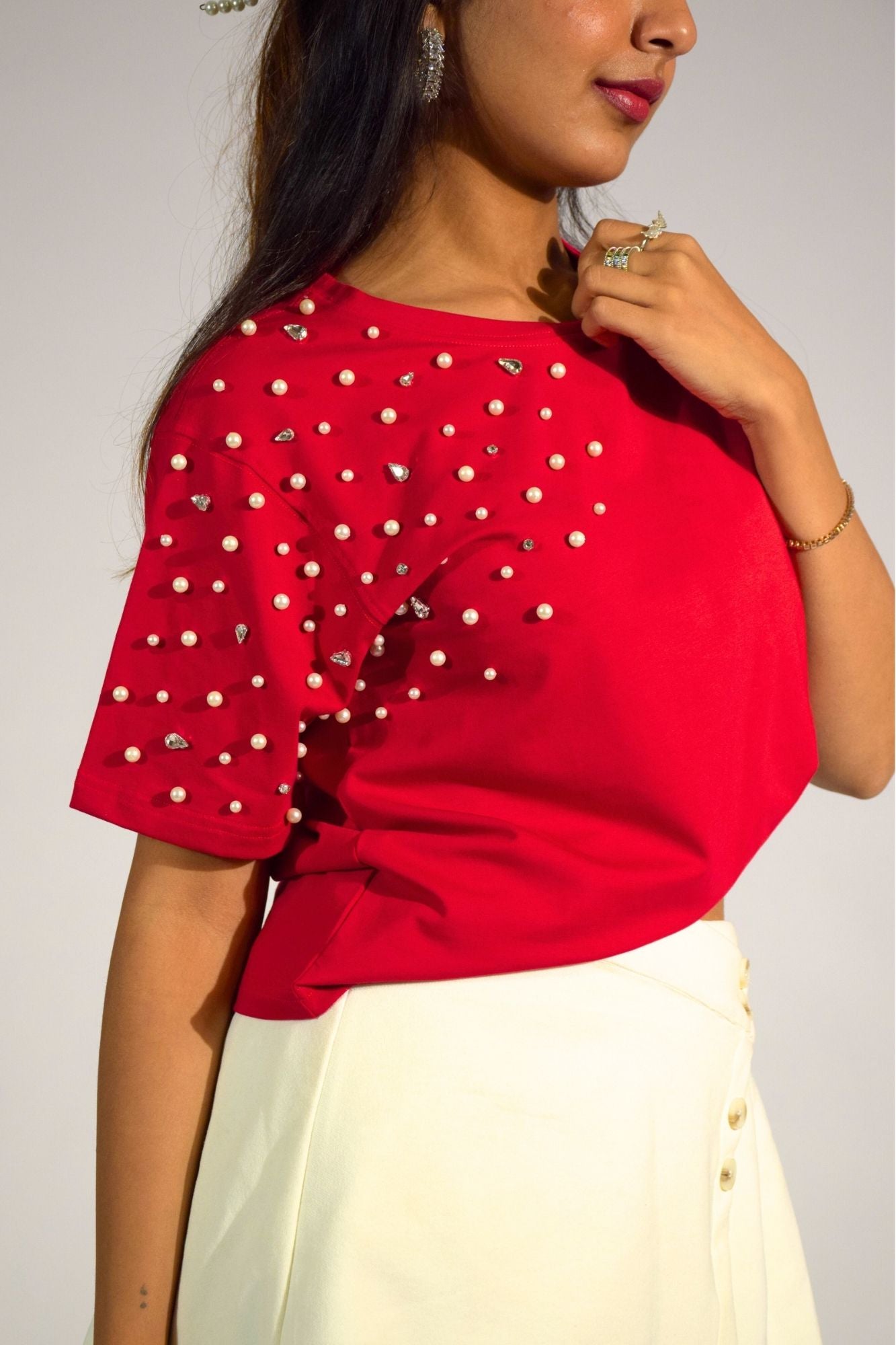 Boujee Pearl Embellished Handcrafted Crop T-Shirt Red