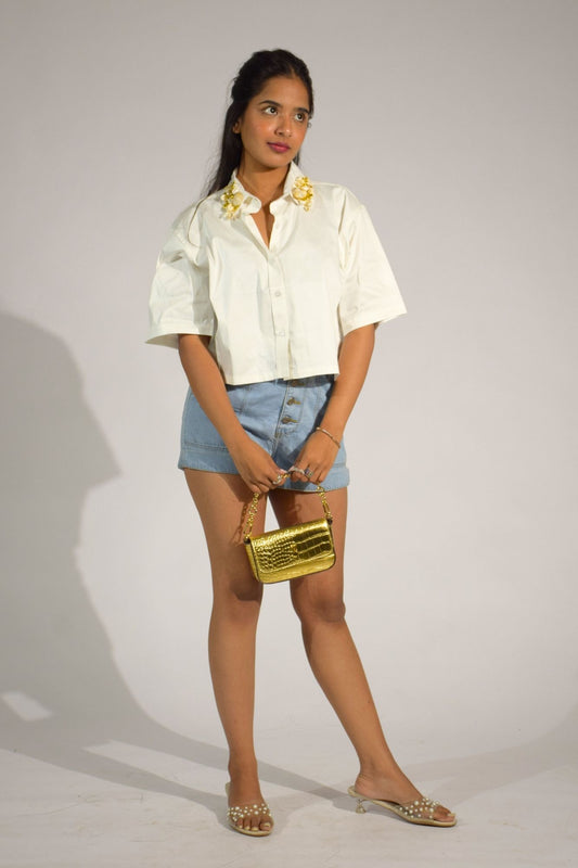 Sea Shell Embellished Handcrafted Crop Shirt White