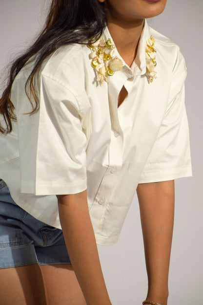 Sea Shell Embellished Handcrafted Crop Shirt White