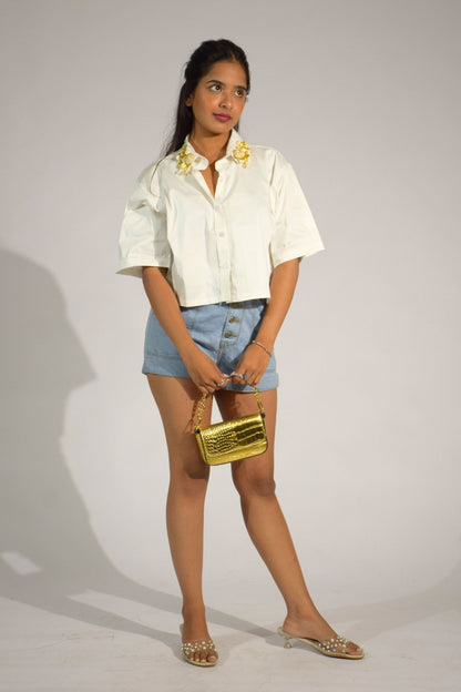 Sea Shell Embellished Handcrafted Crop Shirt White