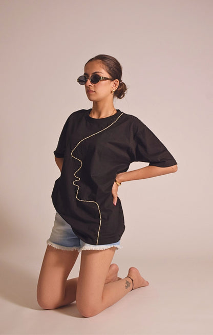 Face Embellished Handcrafted oversized T-Shirt Black