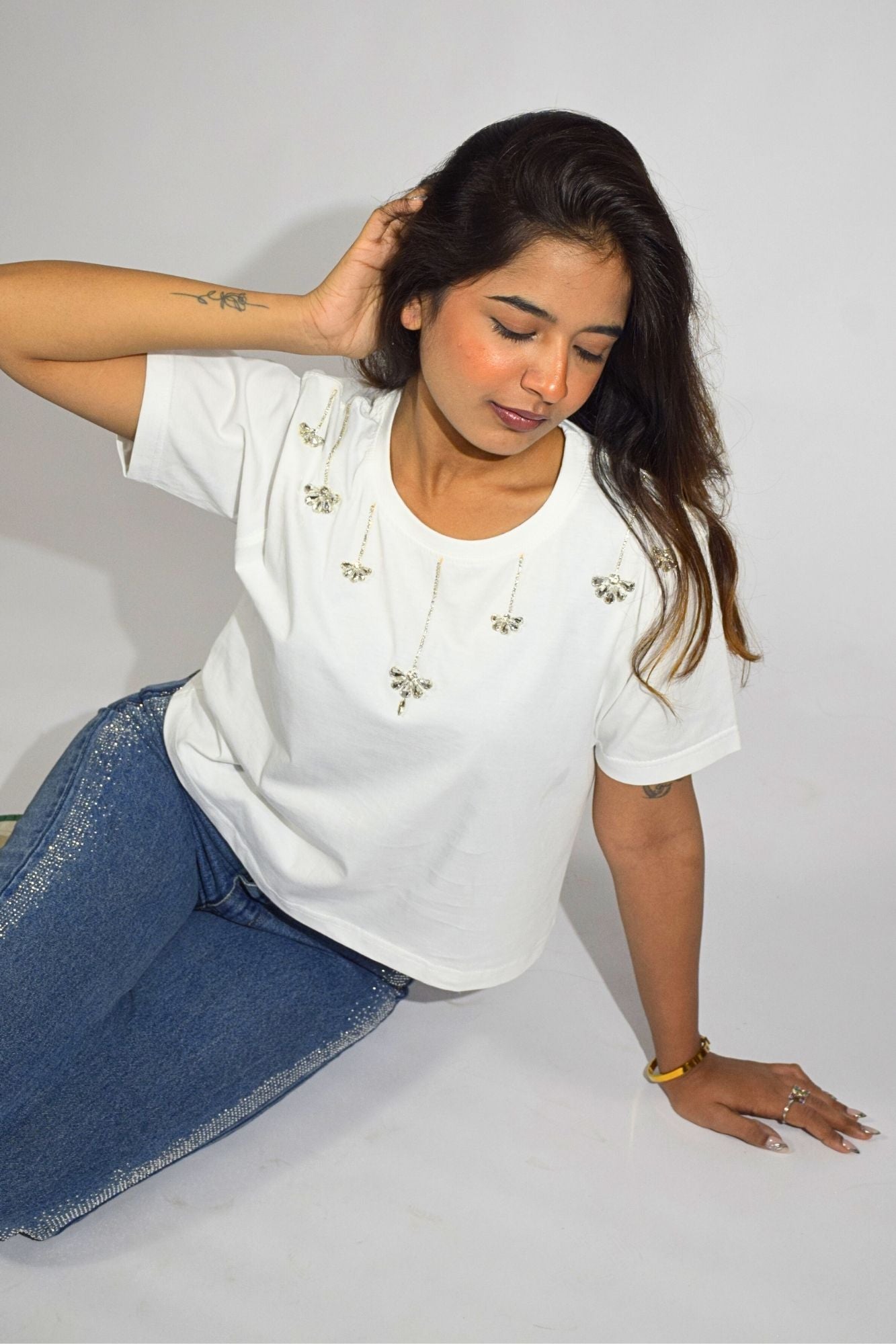 Chandelier Embellished Handcrafted Crop T-Shirt White
