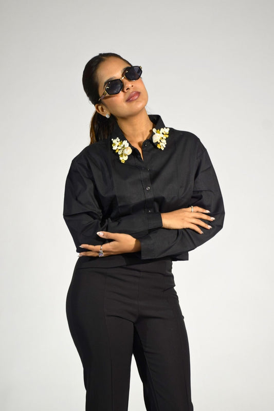Sea Shell Embellished Handcrafted Crop Shirt Black