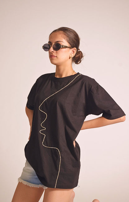 Face Embellished Handcrafted oversized T-Shirt Black