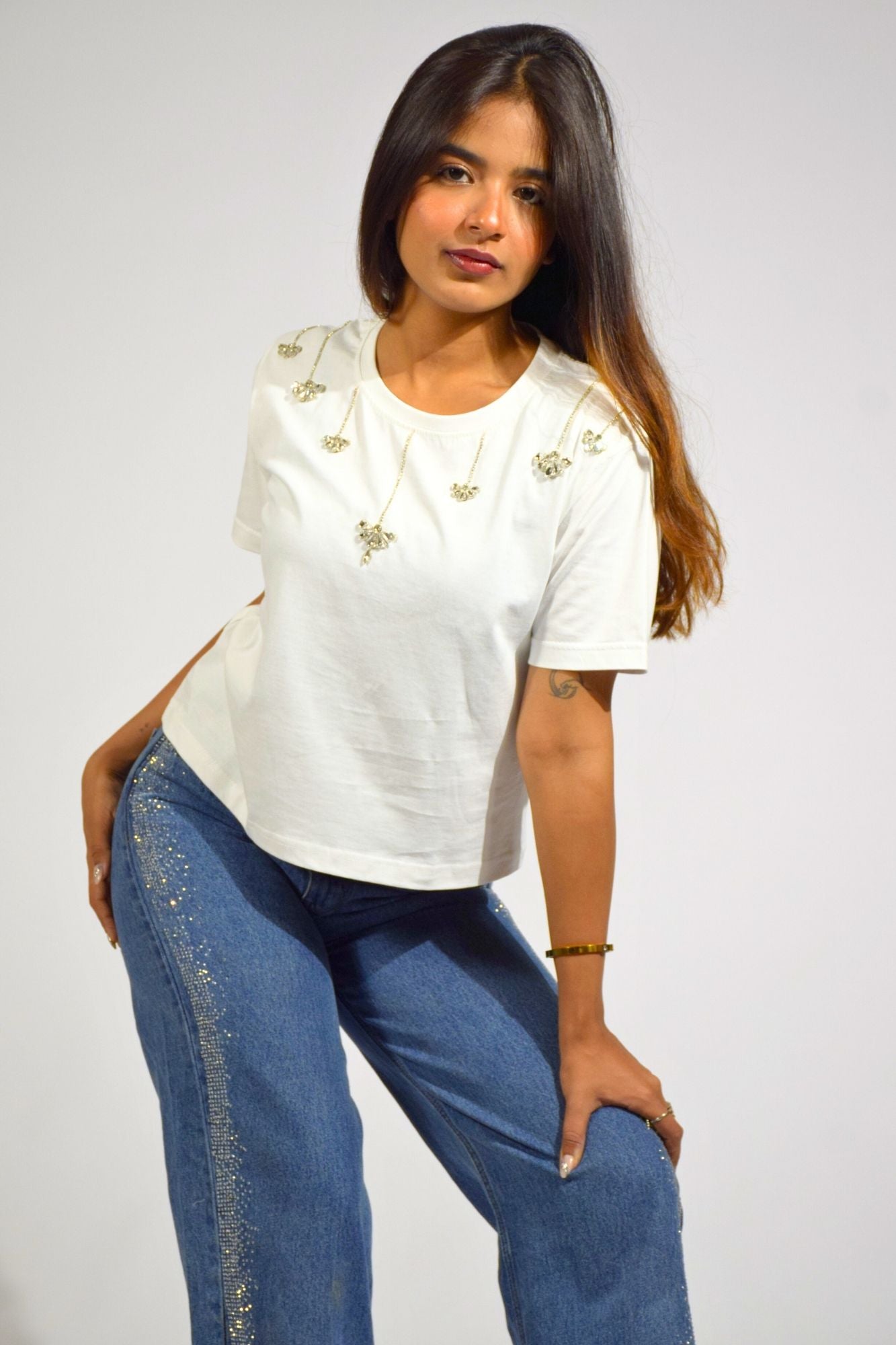 Chandelier Embellished Handcrafted Crop T-Shirt White