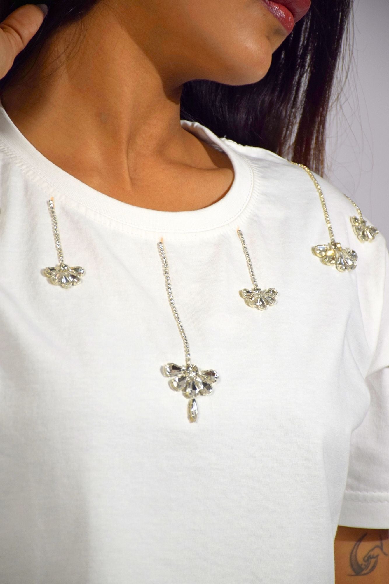 Chandelier Embellished Handcrafted Crop T-Shirt White