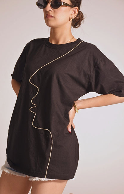 Face Embellished Handcrafted oversized T-Shirt Black