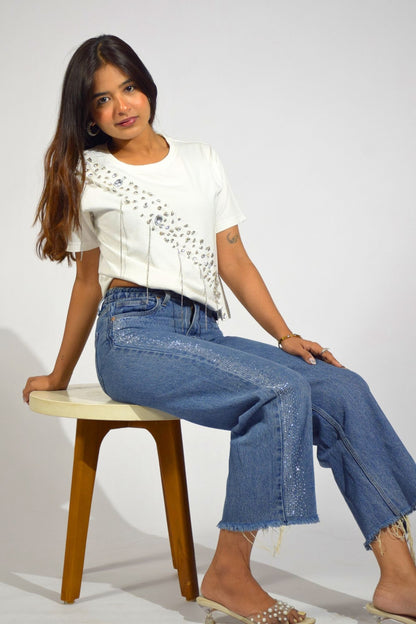 Crystal Wave Embellished Handcrafted Crop T-Shirt White