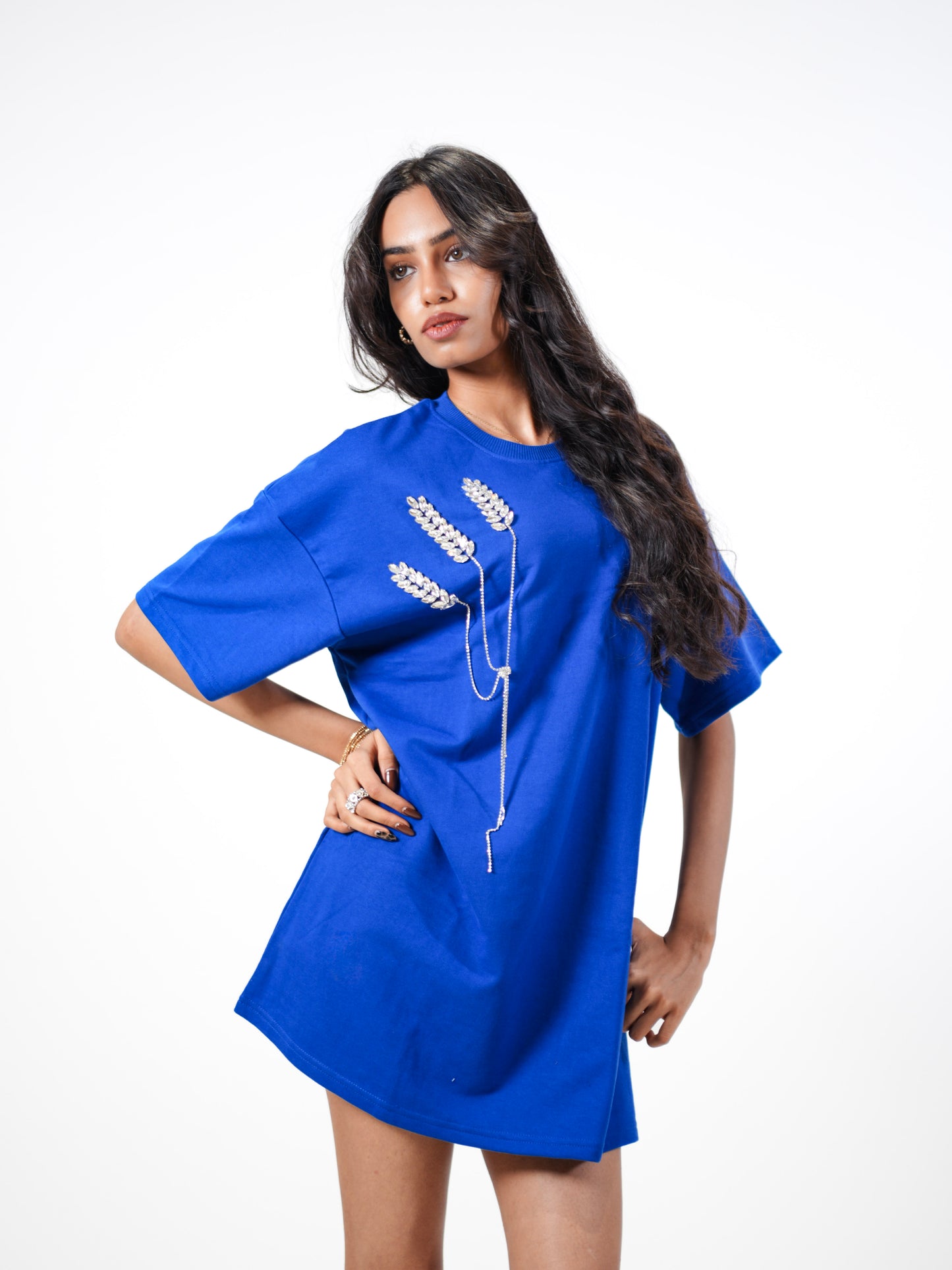 The Grain Embellished Handcrafted Oversized Tshirt Dress Blue