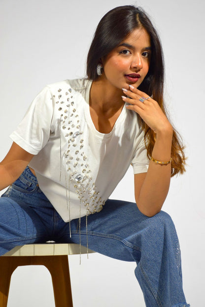 Crystal Wave Embellished Handcrafted Crop T-Shirt White