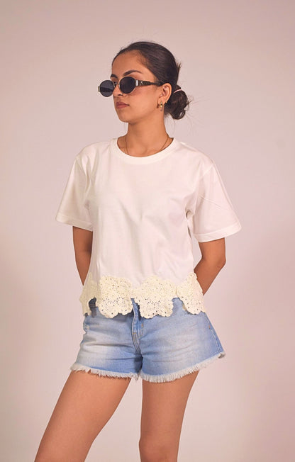 Downtown Crochet Embellished Handcrafted Crop T Shirt White