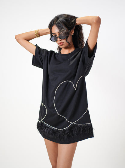 Stardust Embellished Handcrafted Oversized Tshirt Dress Black