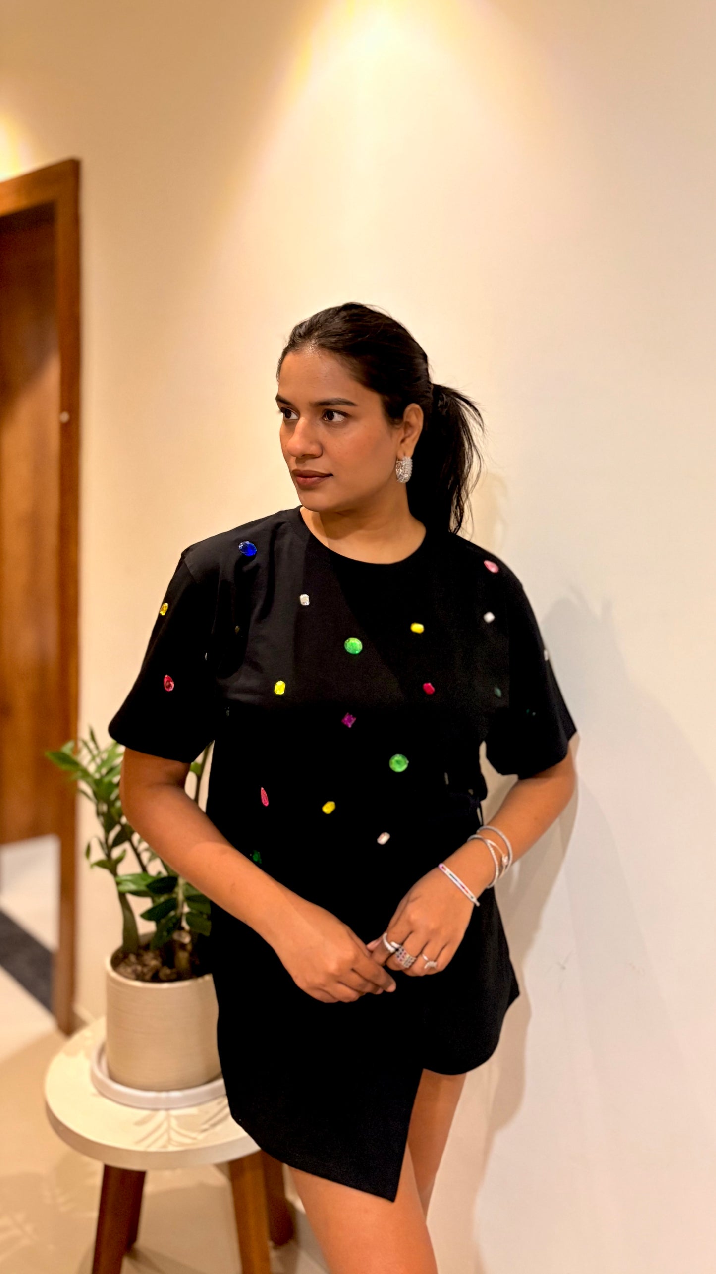 9 Stone Embellished Handcrafted Oversized T Shirt