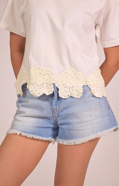 Downtown Crochet Embellished Handcrafted Crop T Shirt White