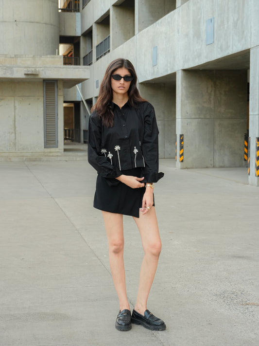 Midnight lotus Embellish Handcrafted Crop Shirt Black