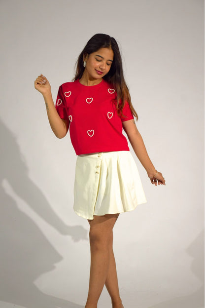 Heart of Pearl Embellished Handcrafted Crop T Shirt red