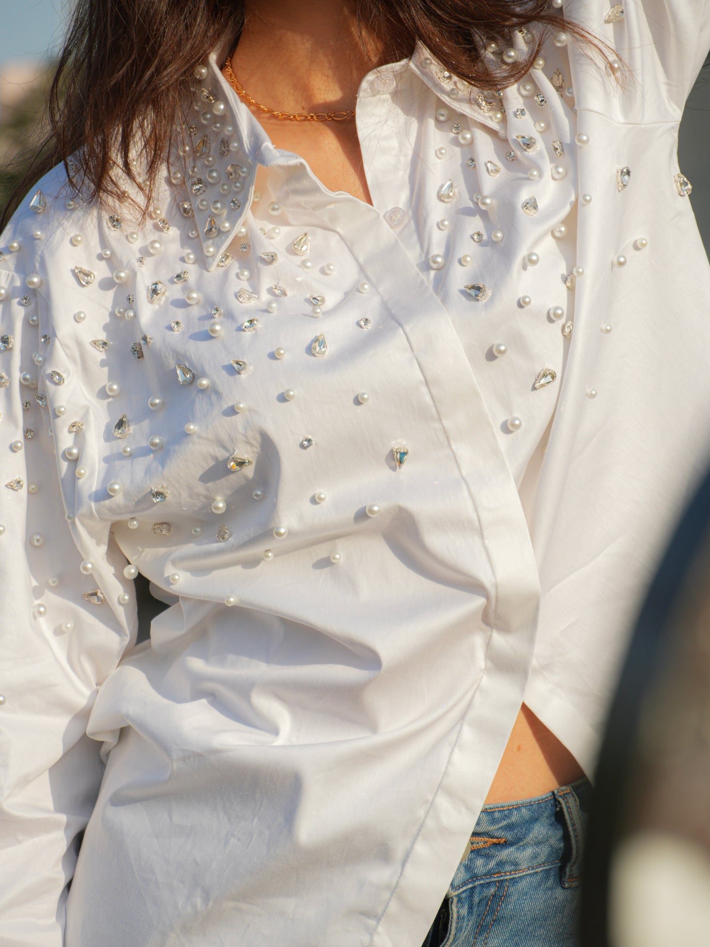 Noor Drip Embellished Handcrafted Oversized Shirt White