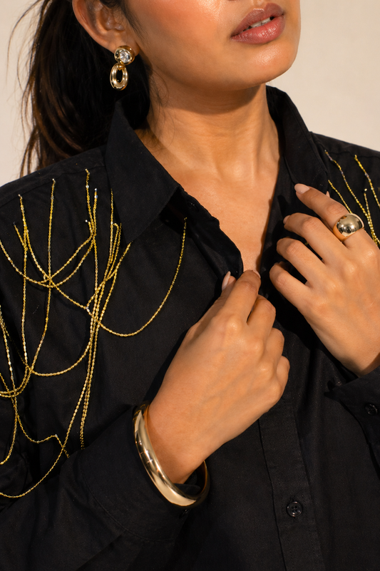 Edgy Embellished Handcrafted Oversized Shirt Black