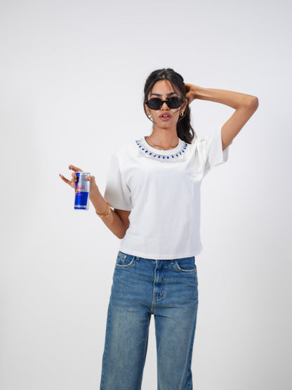 Neelam CharmHandcrafted Crop T Shirt White