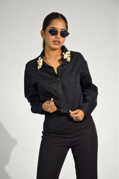 Sea Shell Embellished Handcrafted Crop Shirt Black