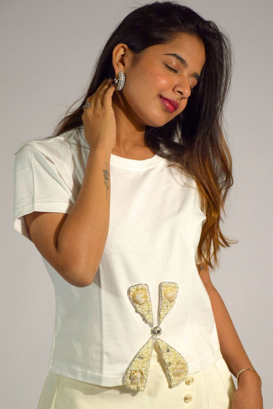 Bow Aura Handcrafted Embellished Crop T-shirt White