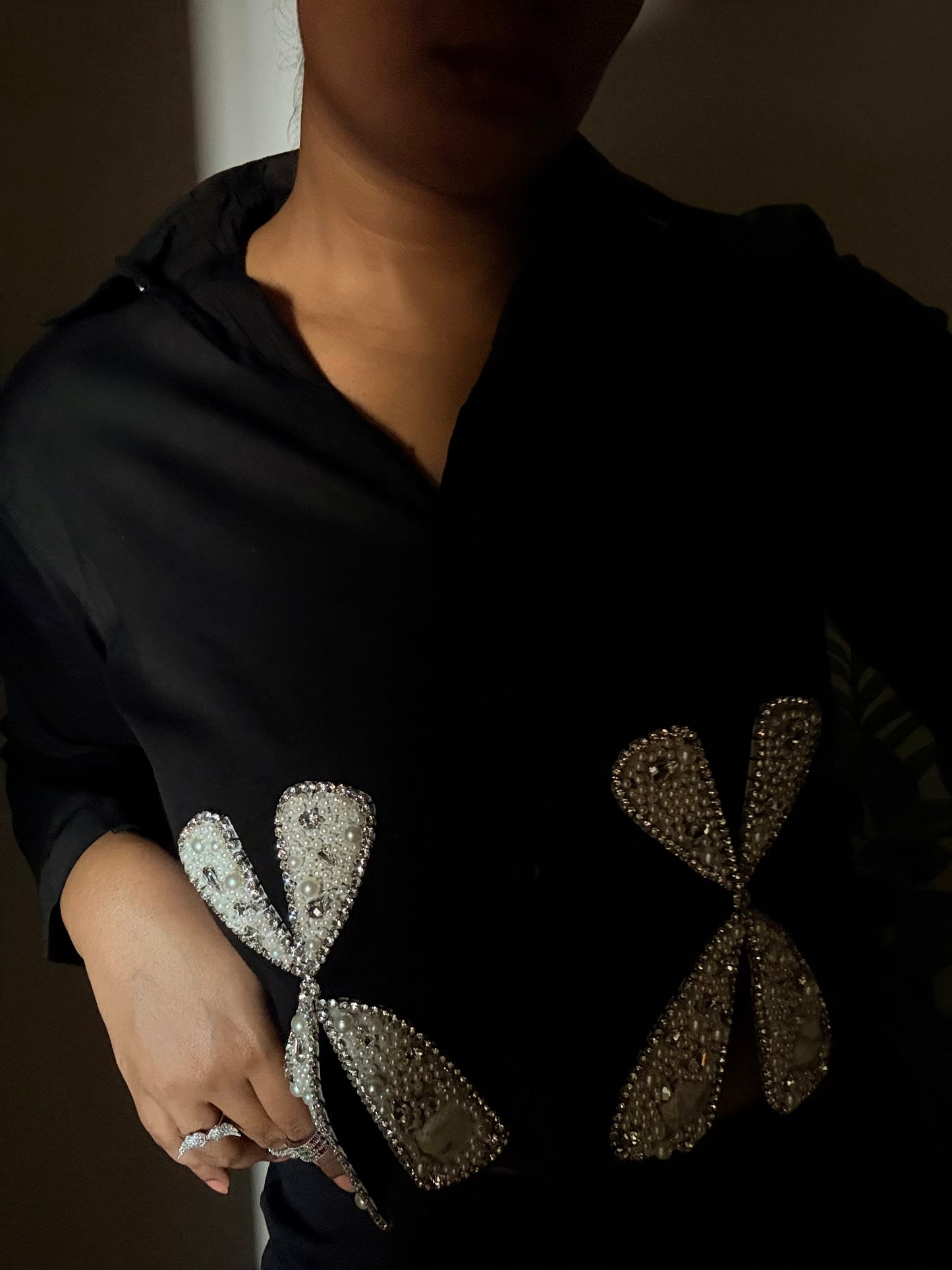 Bow aura charm embellished handcrafted crop shirt