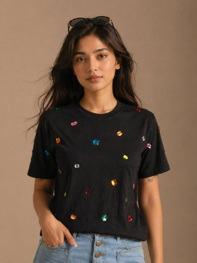 9 Stone Embellished Handcrafted Crop T-Shirt Black