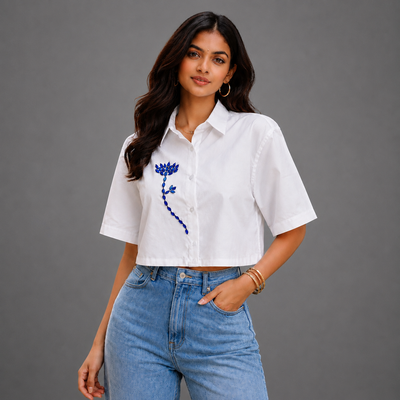 Sapphire Charm Embellished Handcrafted Crop Shirt White