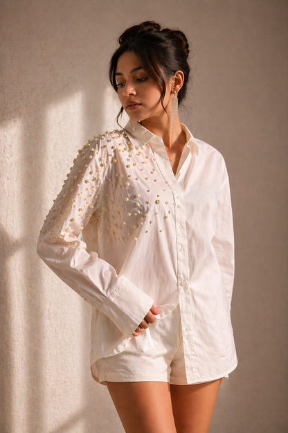 Boujee Pearl Embellished Handcrafted Oversized Shirt White