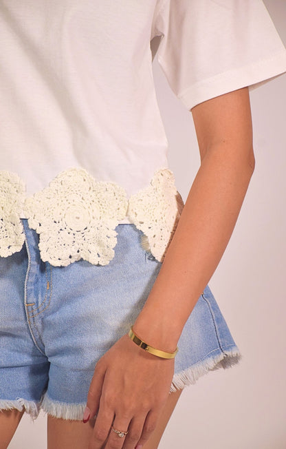 Downtown Crochet Embellished Handcrafted Crop T Shirt White