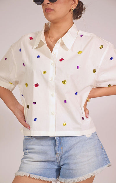 9 Stone Embellished Handcrafted Crop Shirt White hover image