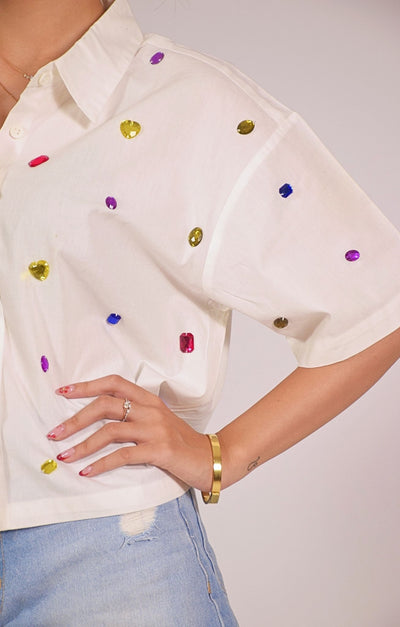 9 Stone Embellished Handcrafted Crop Shirt White