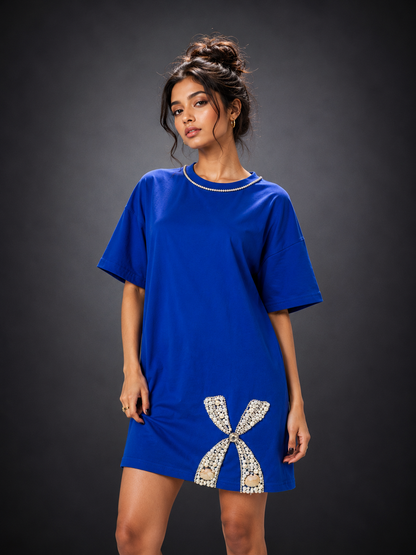 Neel Tara Embellished Handcrafted Oversized Tshirt Dress Blue