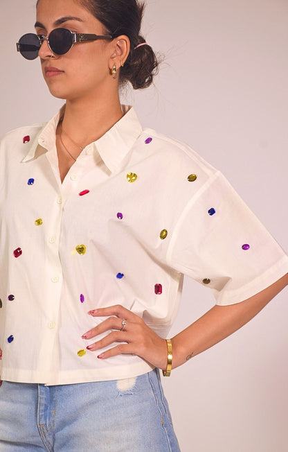 9 Stone Embellished Handcrafted Crop Shirt White
