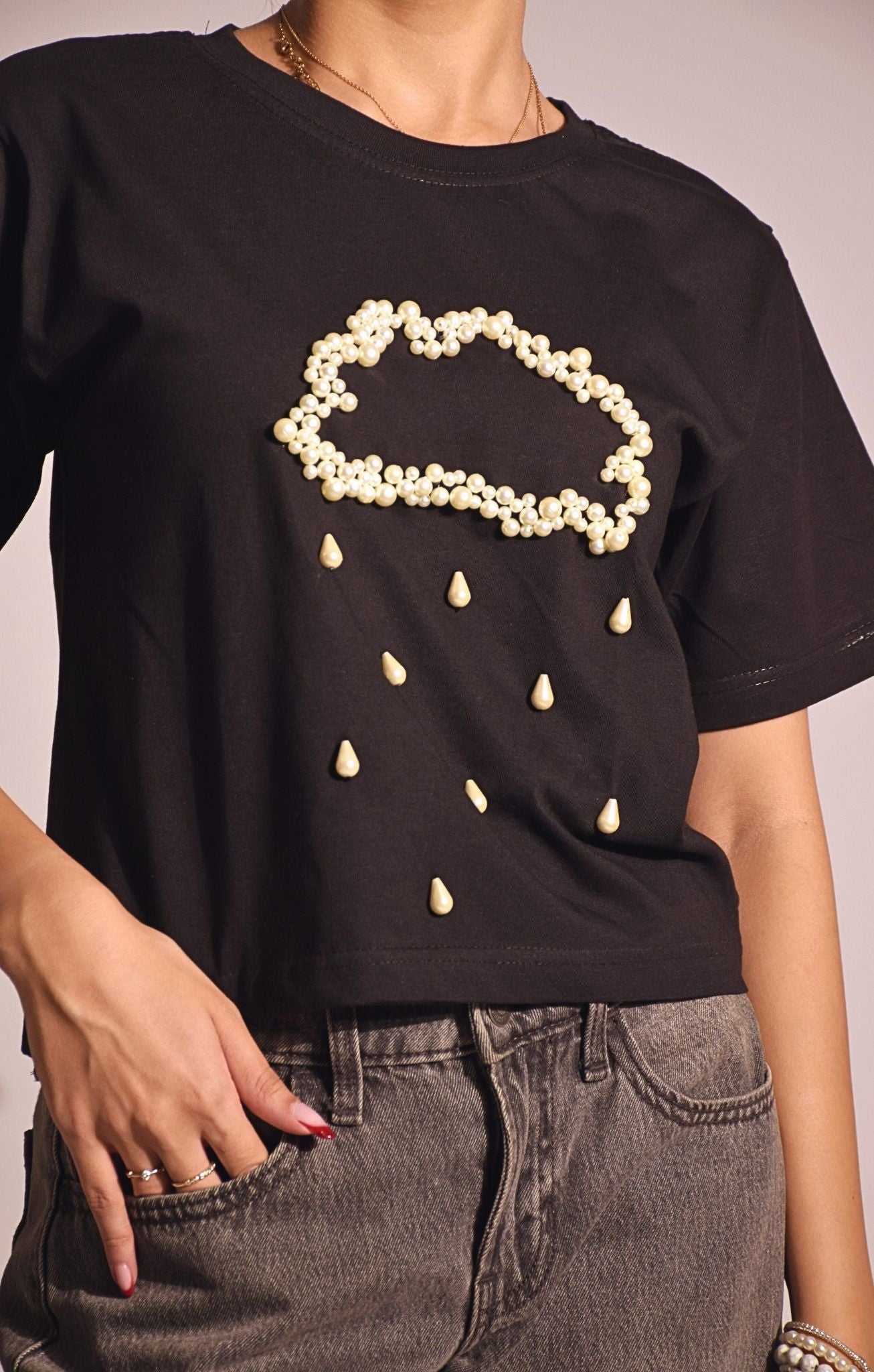 Rain Embellished Handcrafted Crop T Shirt Black