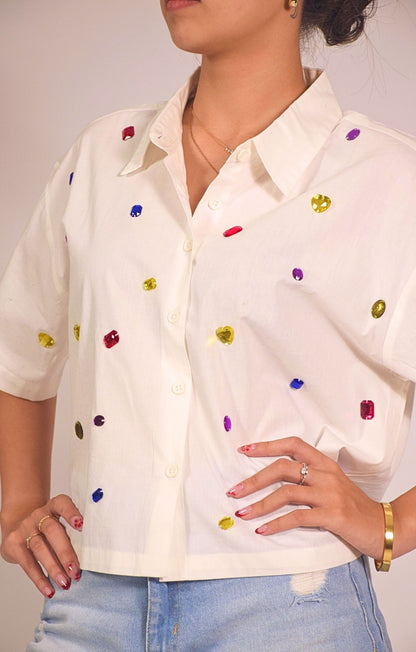 9 Stone Embellished Handcrafted Crop Shirt White