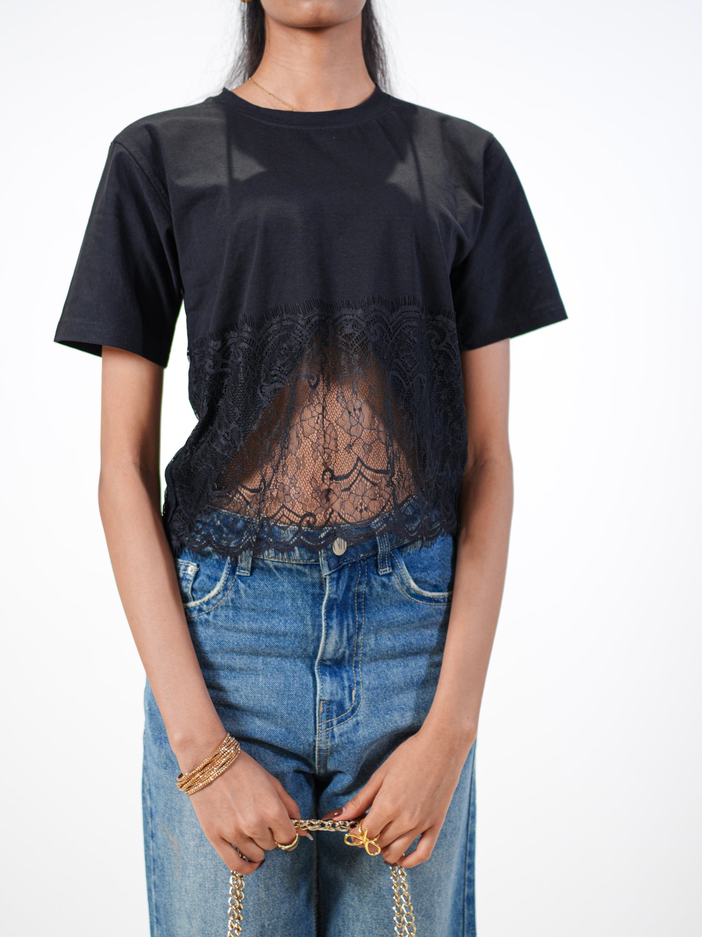 Lace Affair Embellished Handcrafted Drop Crop T-Shirt Black
