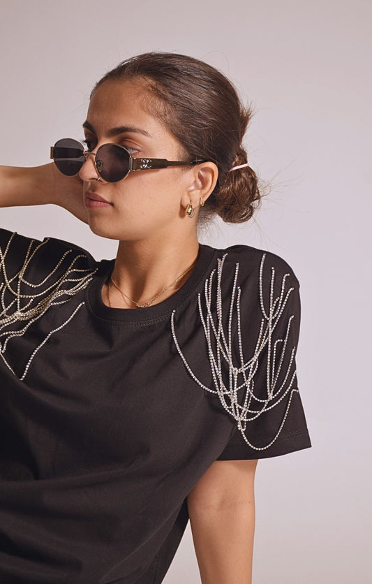 Edgy Embellished Handcrafted oversized T-Shirt Black