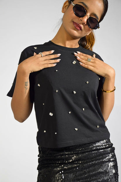 Galaxy Stone Embellished Handcrafted Crop T-shirt Black