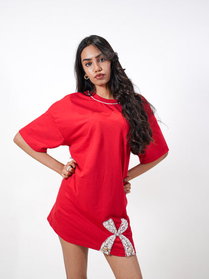 Ruby Bow Embellished Handcrafted Oversized Tshirt Dress Red
