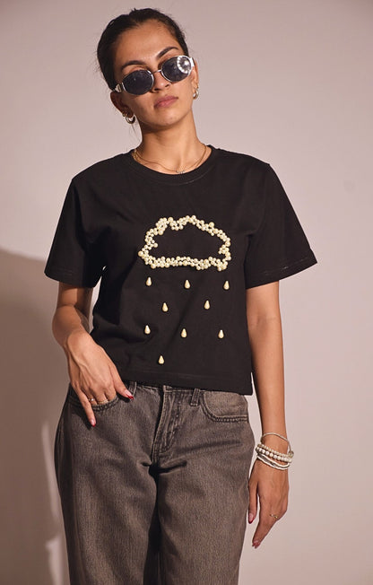 Rain Embellished Handcrafted Crop T Shirt Black